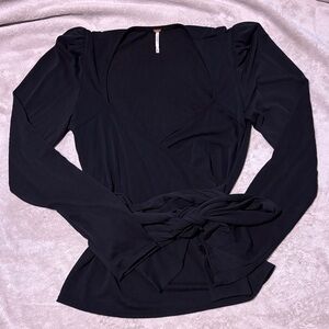 Free People… Black Faux Wrap Puff Sleeve Top W Long Sash… NWOT… Sz Medium